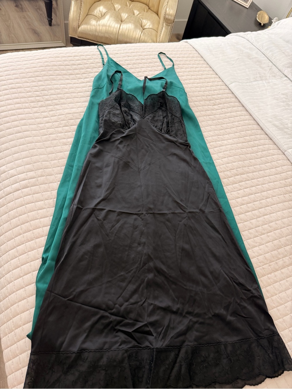 Silky Lace-Trim Slip Dress - Black and Teal